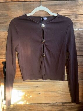 Divided Brown Ribbed Crop Cardigan with Large Silver Charms